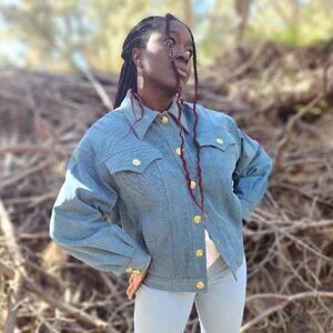 Vintage Chanel Boutique Oversized  Denim Boucle Wool Lined Jacket - Women's 14